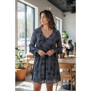 Blue Rain Women's Dress, Blue Paisley Print, Long‎ Sleeve, Bohemian, Small